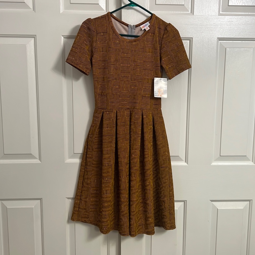 D7- NWT LuLaRoe Amelia A-line Brown Orange Knit Pleated Dress Pockets Zip Sz XS